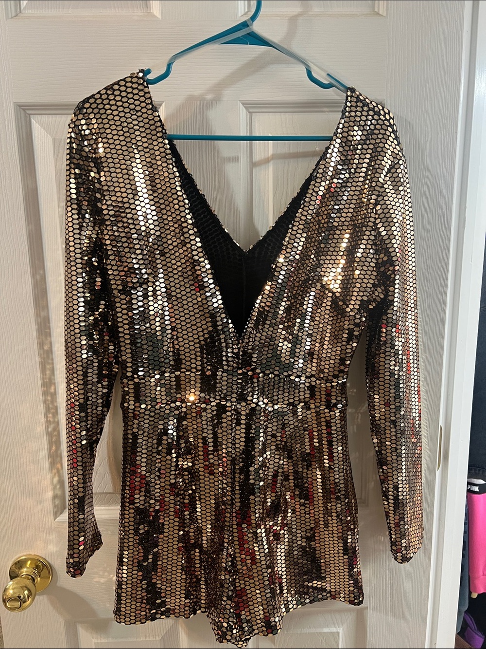 Gold Sequin V-Neck Long Sleeve Romper shorts